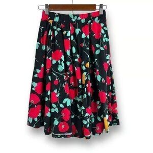 LuLaRoe S Madison Box Pleated Midi Skirt Rose And Vine Print Black Red Pull On